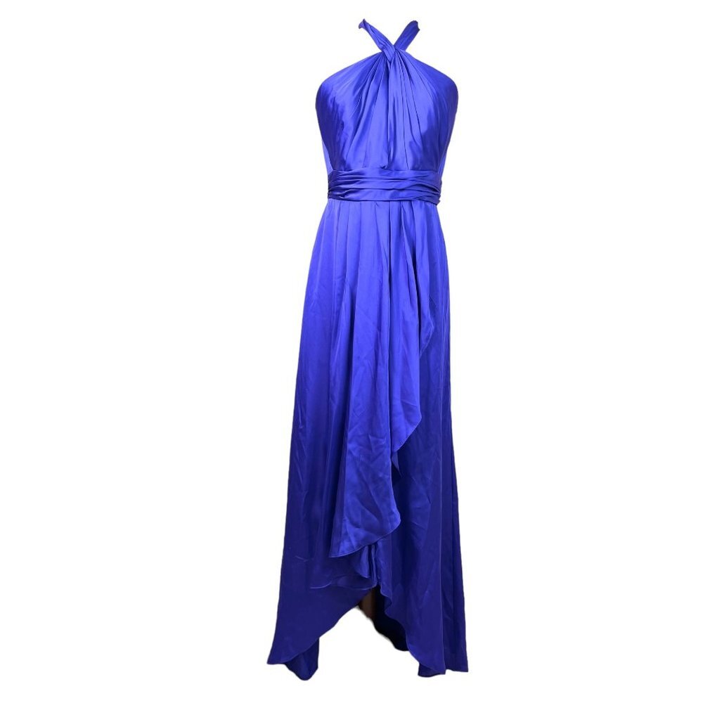 David's Bridal long matte charmeuse dress with Y neckline purple blue sz 12